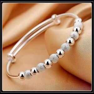 NEW 925 SILVER ELEGANT ADJUSTABLE ORNATE TEXTURED BEAD WIRE BANGLE BRACELET